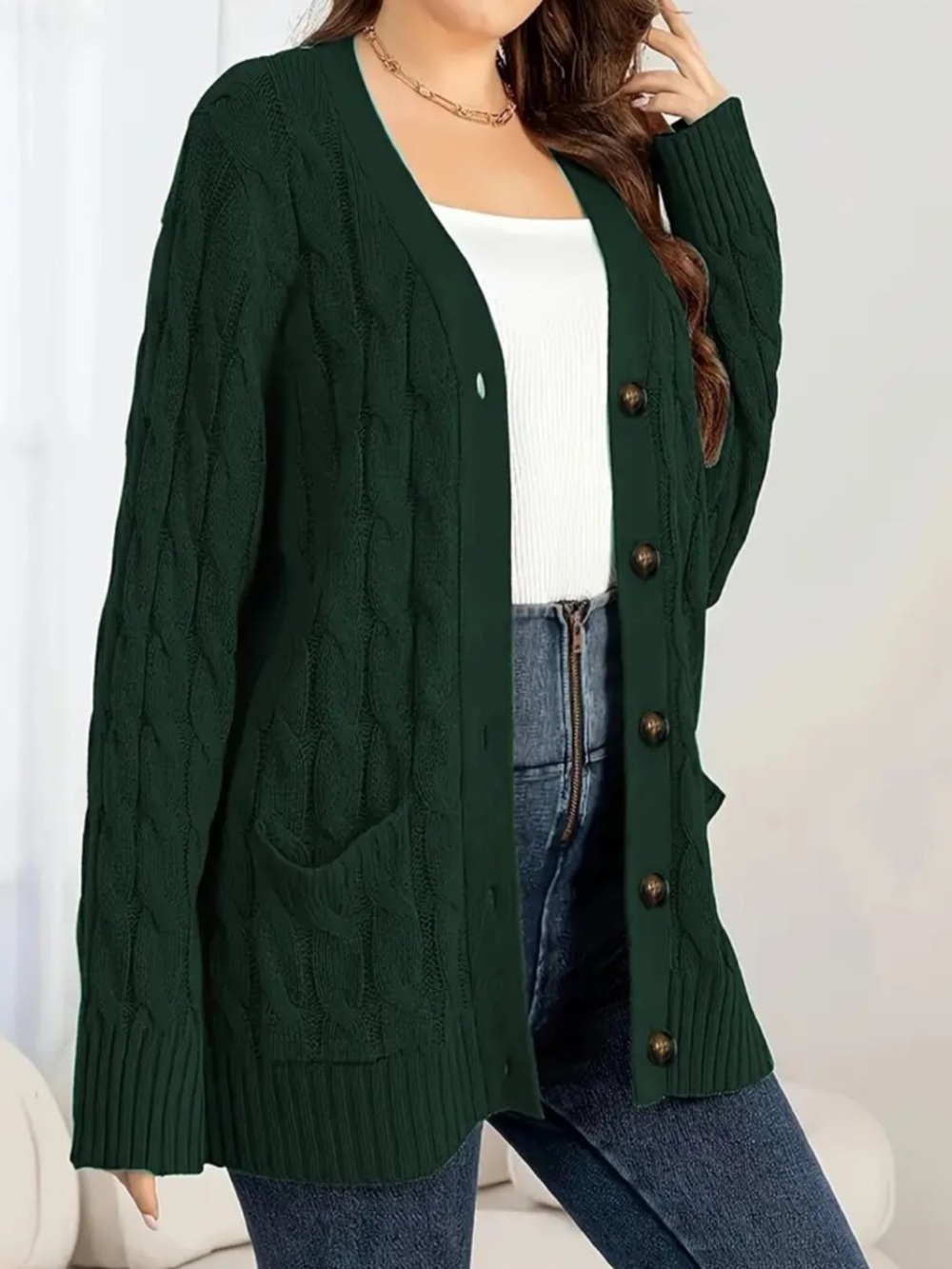 Olive green Cable Knit Button-Down thick Sweater Cardigan - Picture 2 of 8